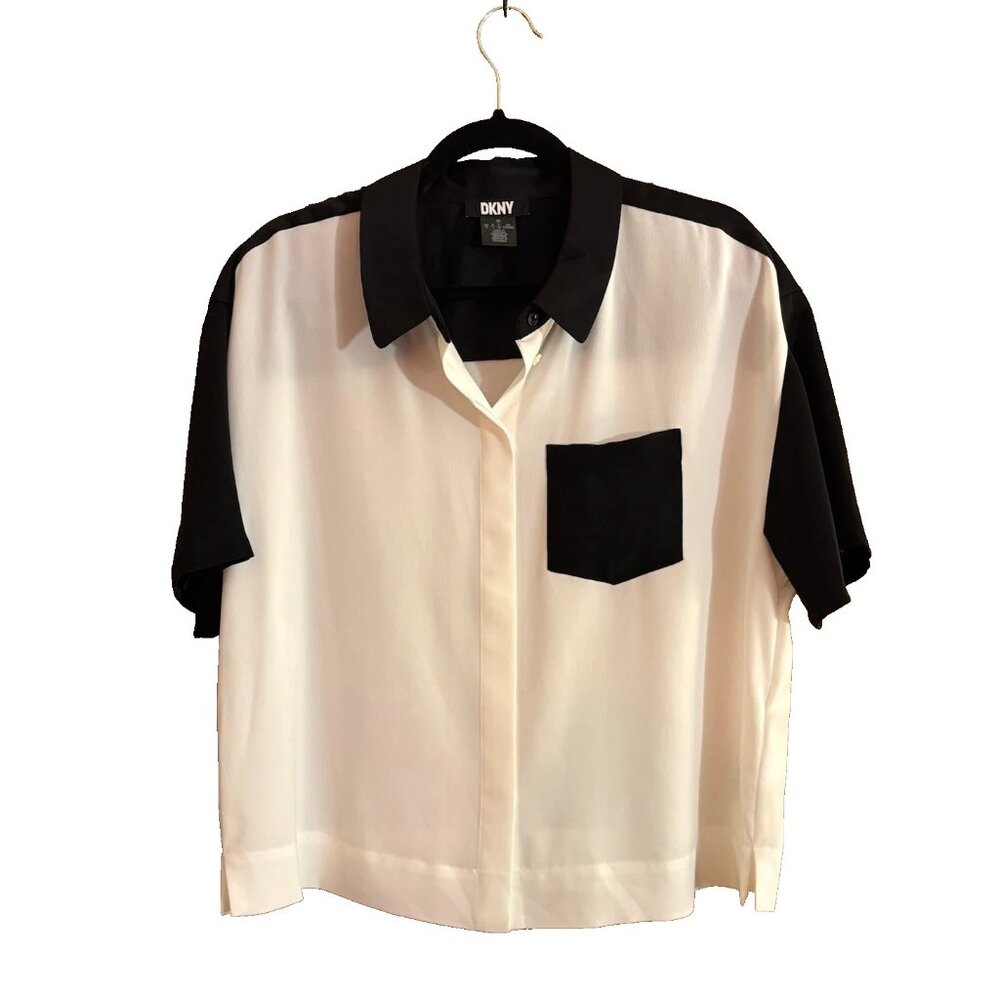 DKNY Women's Blouse Black & White Colorblock Camp Short Sleeve NWOT Size Large